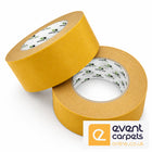 Two rolls of yellow double sided carpet tape from with a 'event carpets online.co.uk, one overlapping the other, displayed on a clean white background
